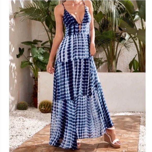 Boho  Navy Blue Sexy White Tie Dye Cutout  Maxi Dress - Picture 4 of 5